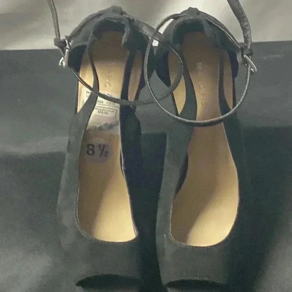 MARC FISHER WO SIZE 8.5 BLACK SUEDE 5” HEEL FRONT PLATFORM HEEL ANKLE STRAPS - Picture 12 of 16